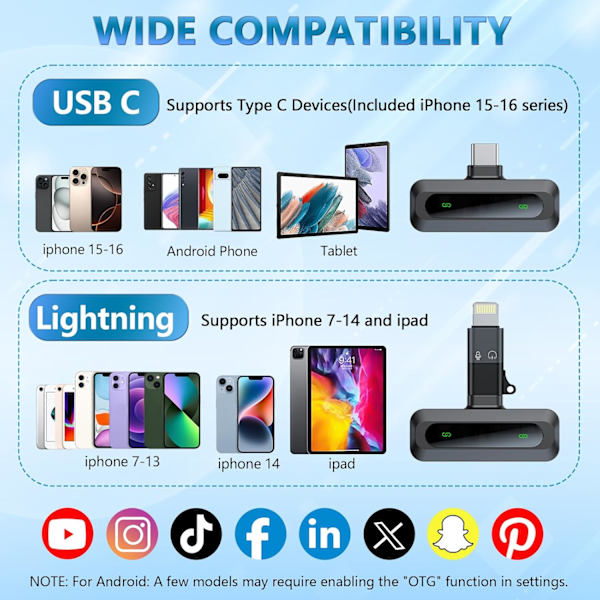 Trådlös Mini Mikrofon för iPhone 15/16, iPad, Android, Trådlös Lavalier Mikrofon med Brusreducering, Portabel USB C Slagmikrofon för Vi