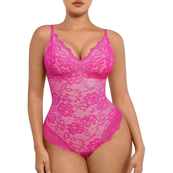 2025 Senaste Modell  Shapewear Bodysuits för Kvinnor Spets Shapewear Tummy Control V-Ringad Ärmlös Bodysuit Toppar Jumpsuit  Rosa   Med