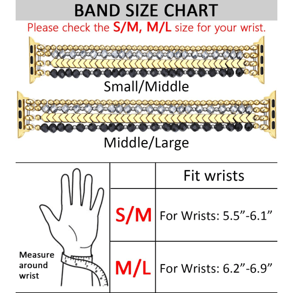 Armbandsband med pärlor som är kompatibelt med Apple Watch Y-Black/Gold/Gray 42mm/44mm/45mm/49mm-S/M