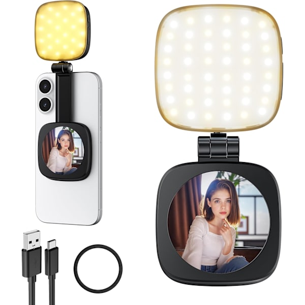 2025 Senaste Modell Magnetisk Selfie-lampa för Telefon: 5 LED-lägen med Spegel Kompatibel för iPhone & Android - Uppladdningsbar Portabel Fyllning
