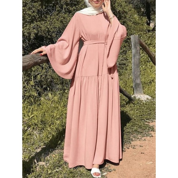 Muslimsk casual : ren färg med hornärmar och bälte Pink 2XL