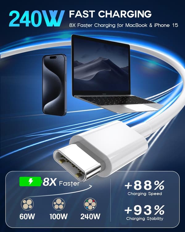 USB C til USB C, 240W USB C-kabel, 2 meter C til C-kabel hurtiglading for Macbook Pro/Macbook Air, iPad Pro 12,9-tommer, iPhone 15/Pro Max/Pro/Plus, Samsu
