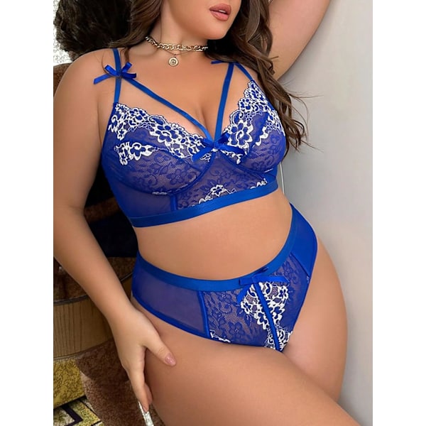 2025 Senaste Modell Dam Plus Size Blommig Spets Utskuren Bralette och Trosa 2-Dels Underklädesset Enfärgad Blå 3X-Large