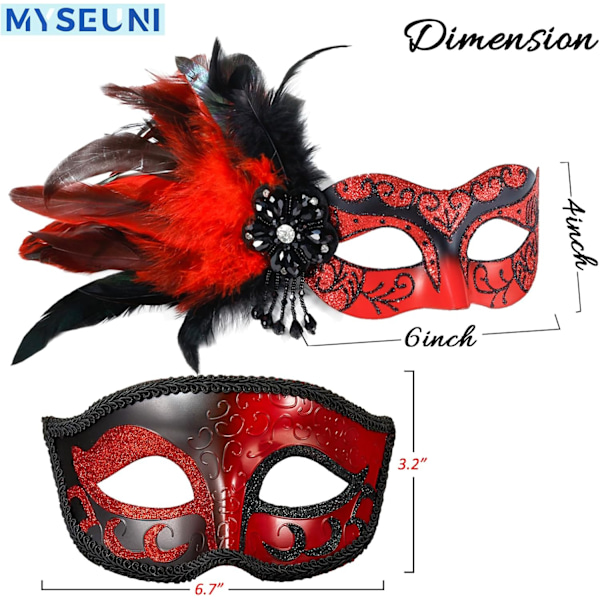 2025 Senaste Modell 2024 Ny Maskeradmask med Fjäder för Par - Maskeradmask för Kvinnor med Fjäder & Venetiansk Kostym för Män