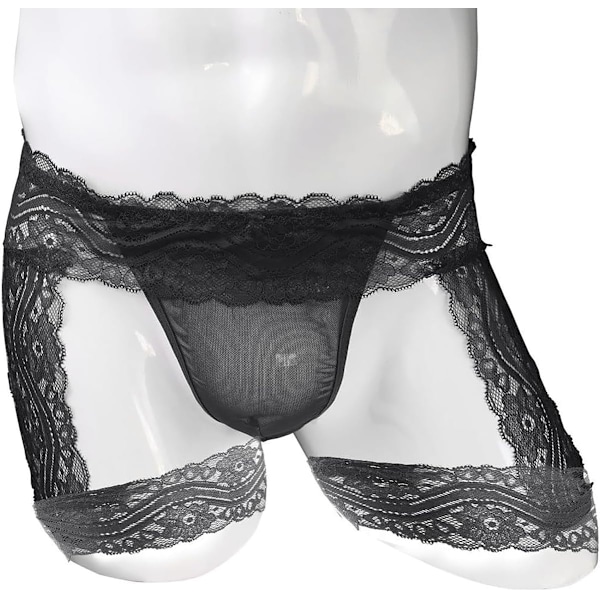 2025 Senaste Modell Herrtrosor Spetsunderkläder Genomskinlig Påse Stringtrosor med Strumpeband Kalsonger Underkläder G-String Sexiga Jockstrap Underbyxor Svart One Size