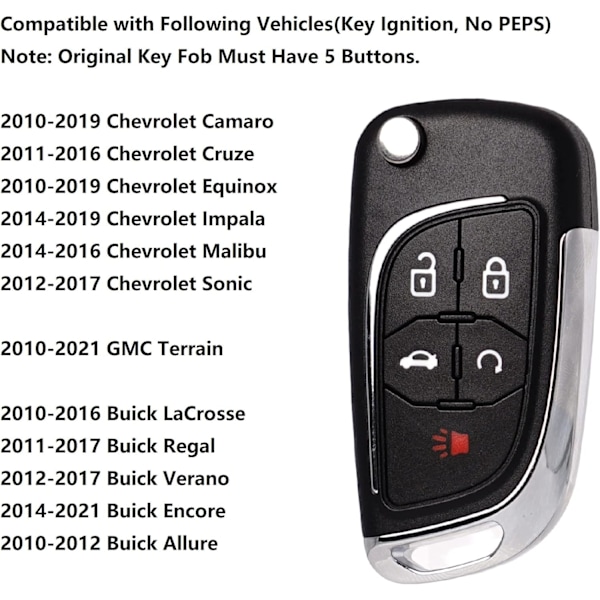 Uppgraderad nyckelbricka ersättning passar Chevy Cruze Equinox Camaro Impala Malibu Sonic Buick Regal Verano Encore Lacrosse Allure GMC