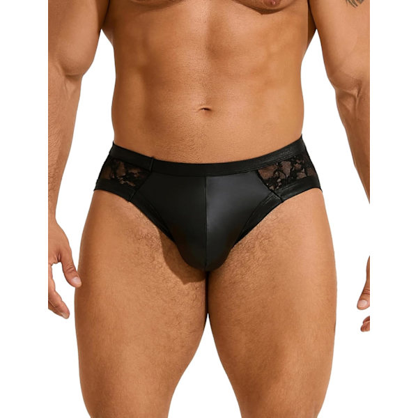 2025 Senaste Modell Herr Spetsunderkläder Sexig Stringtrosa G-String Låg Midja PU Konstläder Påse Trunkar Mjuka Jockstrap Trosor Kalsonger Svart L