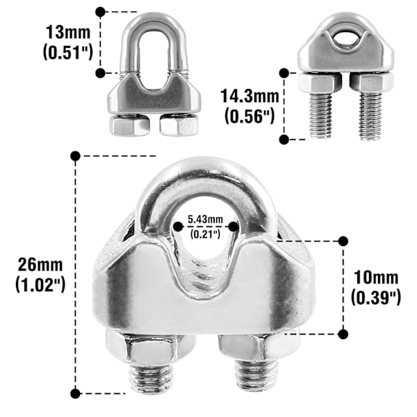 10-pack sadelklämmor 3/16 tum trådvajerklämmor, 304 rostfritt stål vajerklämmor U-bultklämmor (M5)  M5  M5