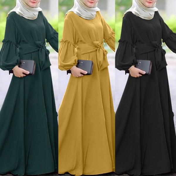 Muslimsk långärmad klänning, Lotusbladkant, ren färg black 2XL