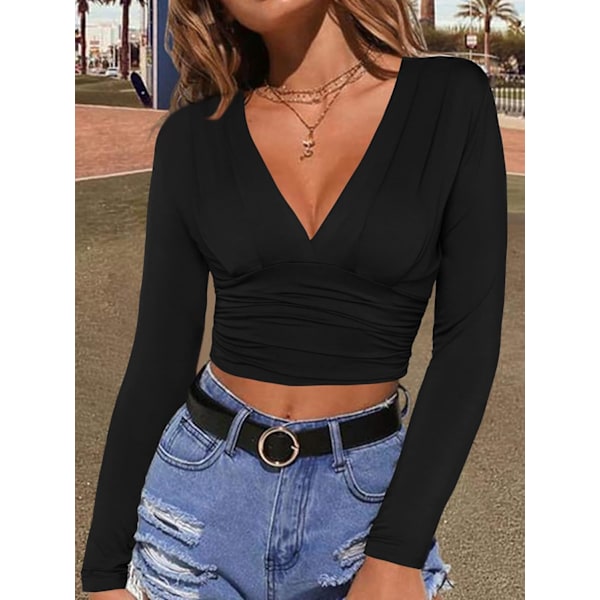 2025 Senaste Modell Dam Djup V-ringning Långärmad Rynkad Unik Sexig Slim Fit Crop Top T-shirt