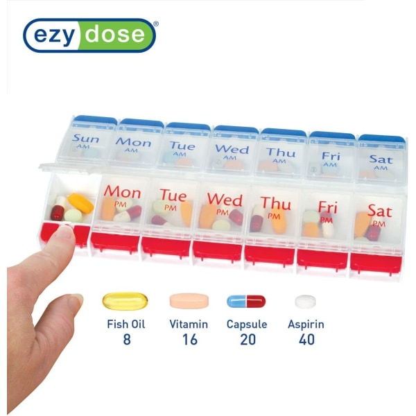 Doseringstryckknapp (7-dagars) pillerfodral, medicinplanerare Blue and Red (Clear Lids)