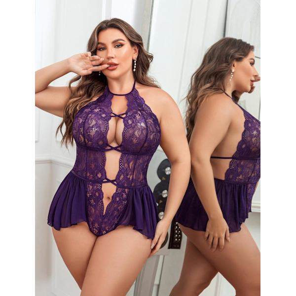 2025 Senaste Modell Dam Plus Size Underkläder Spets Bodysuit Teddy Djup V En Del Spets Babydoll Lila XX-Large