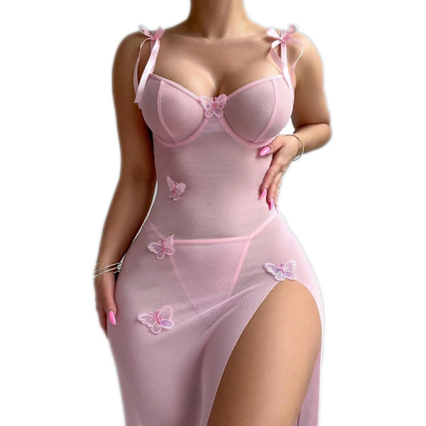 2025 Senaste Modell Kvinnor Sexiga Underkläder Mesh Sovkläder Genomskinlig Nattlinne Babydoll Nattklänning Nattkläder Delad Bygel Nattlinne Rosa