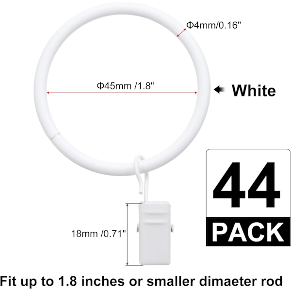 Högkvalitativt, helt nytt 44-pack gardinringar med klämmor, 1,8\" innerdiameter gardinklämmor krokar för upphängning av draperier Vint