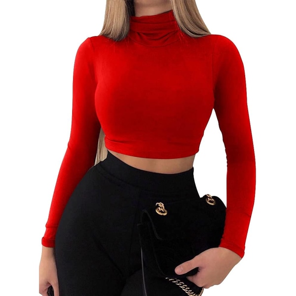 Långärmad Crop Top Dam med polokrage Sexig Basic Cropped Tops Shirt