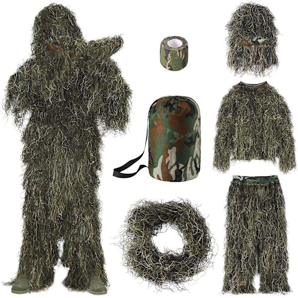 2025 Ny modell 6-i-1 Ghillie Suit, 3D Kamouflage Jaktkläder Inklusive Jacka, Byxor, Huva, Bärväska och Kamouflageband XLarge eller X