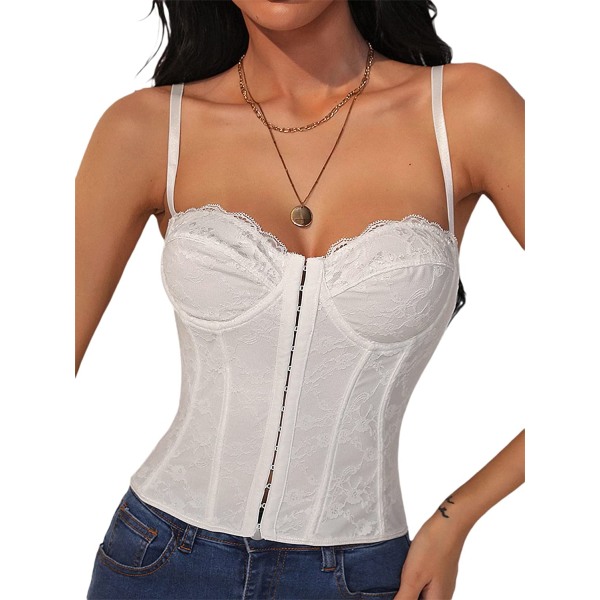 Kvinnors spetsbustier korsett topp spaghettiband kors kors White XL