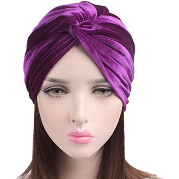 Kvinnors stretchiga sammetsvridna plisserade hårwrap turbanhatt Purple