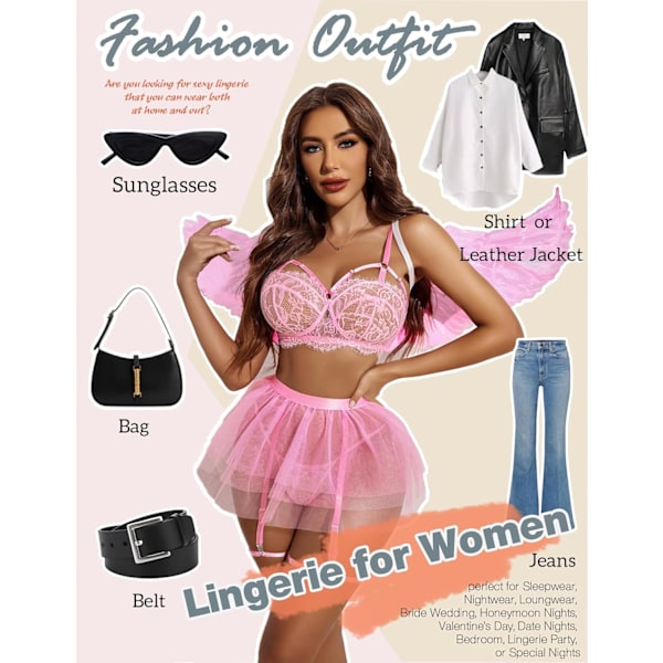 2025 Senaste Modell Spetsstrumpband Underkläder för Kvinnor Mesh Mini Kjol Nattkläder Babydoll Bodysuit Rosa Medium