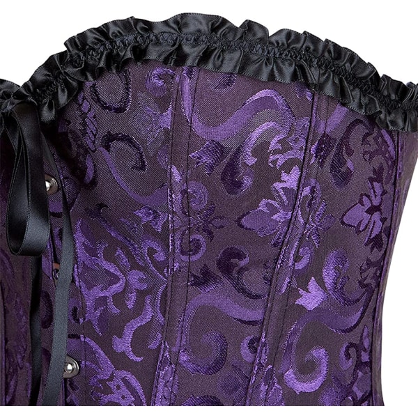 Plus size korsett, blommig plisserad trim för kvinnor, överbyst midja Black Purple M