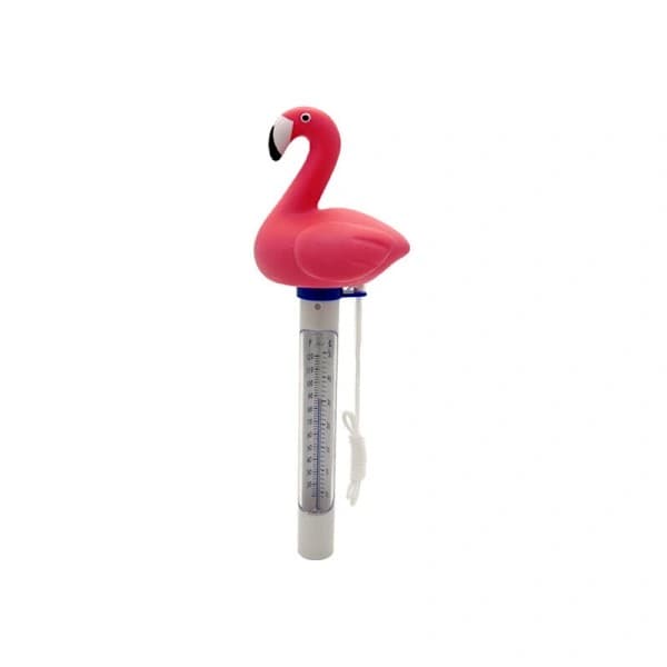En flytande pooltermometer (rosa).