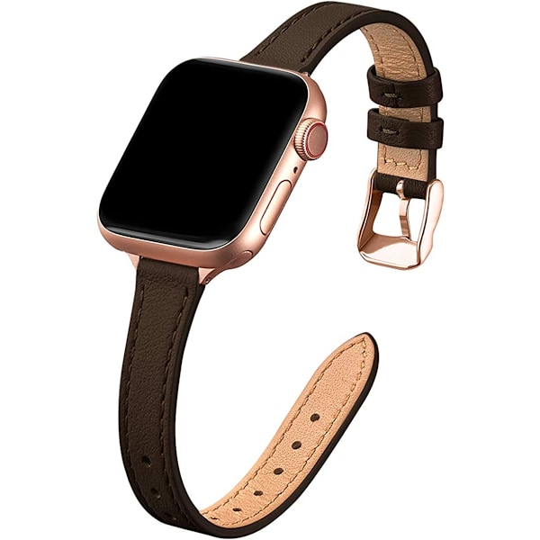 Smal läderband kompatibelt med Apple Watch Band 38mm Coffee with Rose Gold 42mm/44mm/45mm/49mm