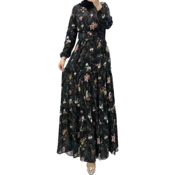 Mode muslimer blomma talande klänning black 2XL