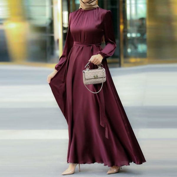 Muslim Daily Leisure Klänning med rund krage med långt bälte wine red XL