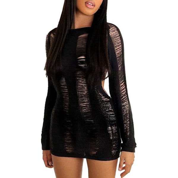 2025 Senaste Modell Rygglös Långärmad Utskuren Mini Bodycon Klänning Slim Fit Stickad Kort Klänning Genomskinlig Randig Sexig Fest D