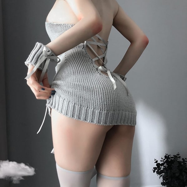 2025 Senaste Modell Dam Cosplay Underkläder Polokrage Ärmlös Stickad Bandage Anime Hel Sweater Väst Topp Grå Fri storlek