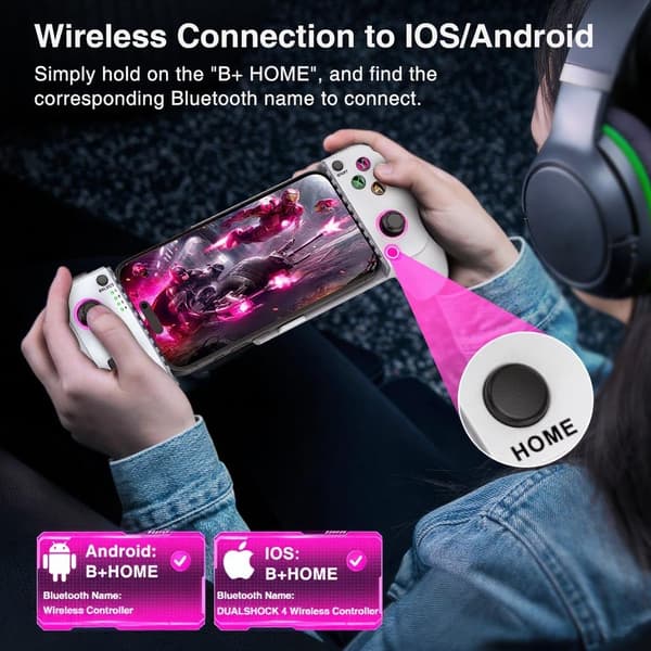 2025 Seneste Model Telefon Controller til iPhone/Android - Mobil Gaming Controller med Hall Effect Joystick, Understøttelse af Telefoncover, Turbo Func