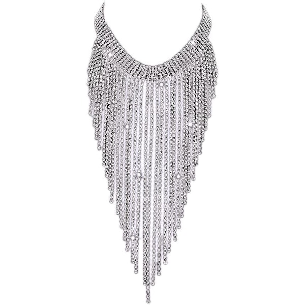 2025 Senaste Modell Mode Kvinnor Sexig Strass Haklapps Choker Halsband Tofs Lång Kedja Halsband Silver