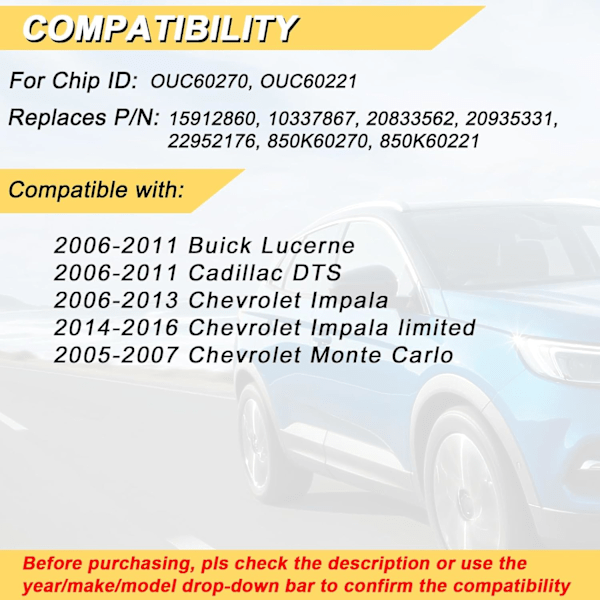 Nyckelbricka Ersättning för 2006-2013 Chevrolet Impala/ 05-07 Monte Carlo/ 06-11 DTS & Buick Lucerne Bil Nyckellös Fjärrkontroll,