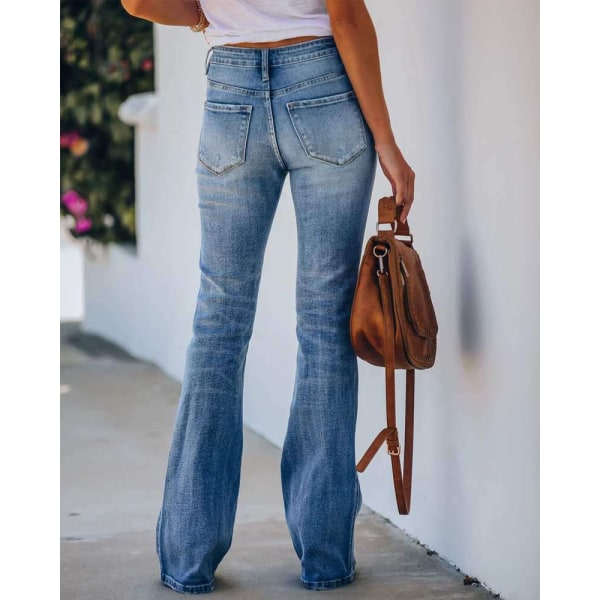Högmidjade elastiska mikroutsvängda jeans för dambyxor M