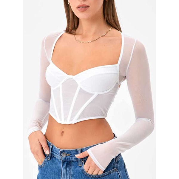 Kvinnors söta halsringning genomskinlig mesh långärmad bustier White S