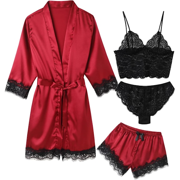 2025 Senaste Modell Dam Pyjamas Satin Sexiga Underkläder Morgonrock Set 4 Delar Pjs Siden Sovkläder Spets Cami Shorts Loungewear