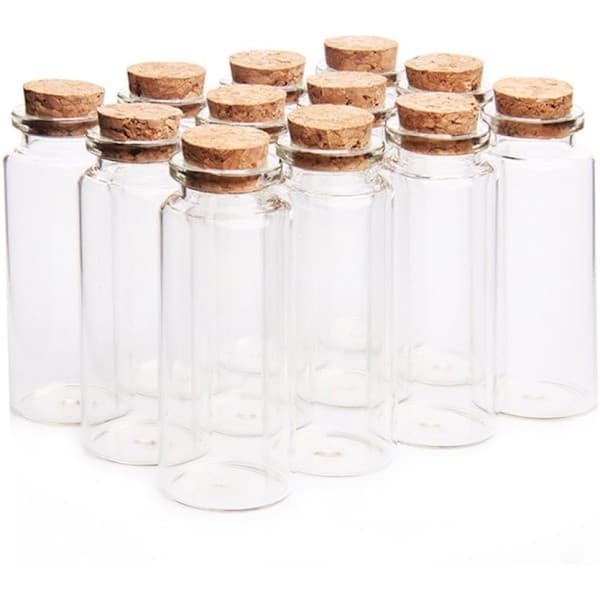 Mini 30 ml glasburkar (3 cm x 7 cm) med kork och träproppar, önskeflaskor/meddelandeflaskor (12 stycken)
