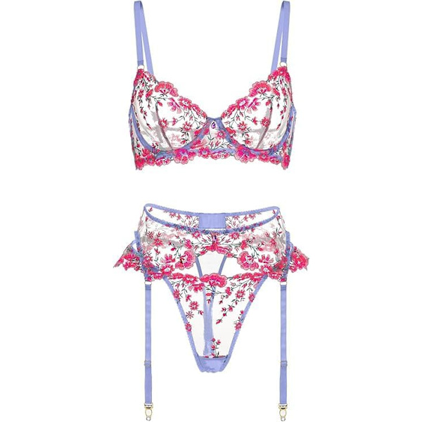 2025 Senaste Modell Sexigt Underklädesset för Kvinnor, Spets Underkläder för Kvinnor blomma Teddy Underkläder 3 Delar med Strumpeband Rosa Medium