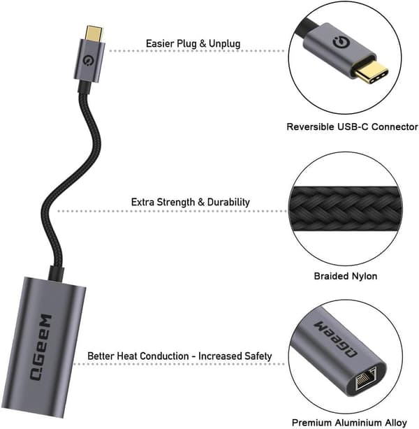 USB C til Ethernet-adapter, QGeeM Gigabit Ethernet til USB Type C, Thunderbolt 3/4 til RJ45 LAN-netværksadapter kompatibel med iPhone 15 Pro/max, MacBook