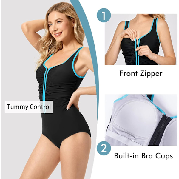 Baddräkt för dam, plus size, magkontroll, dragkedja fram, badkläder, flerfärgad #3, 16 Plus