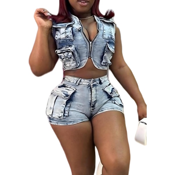 2025 Senaste Modell 2-delat Cargo Denim Set för Kvinnor, Sexig Stretchig Väst Högmidjade Jeansshorts Outfits med Fickor Blå Medium