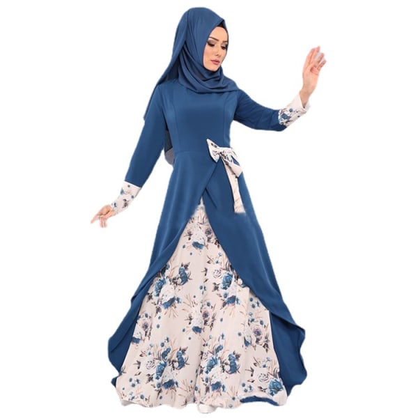 Muslimsk klänning med löst printed , Slim Fit, långärmad tröja Blue L