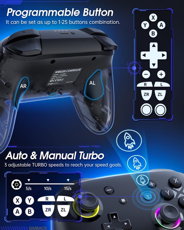 2025 Seneste Model Forbedret Bluetooth Controller - Hall Effect Joysticks Trådløs Spilcontroller - Fungerer til Windows PC, Android Telefon/TV,