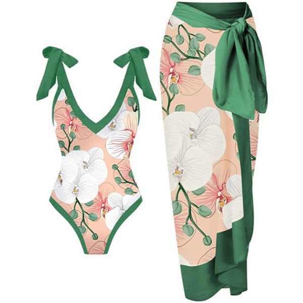 Baddräkt i ett stycke för dam med matchande överdragskjolar Sarong Retro Blommigt Tryck Tvådelad Baddräkt A012-grön Small