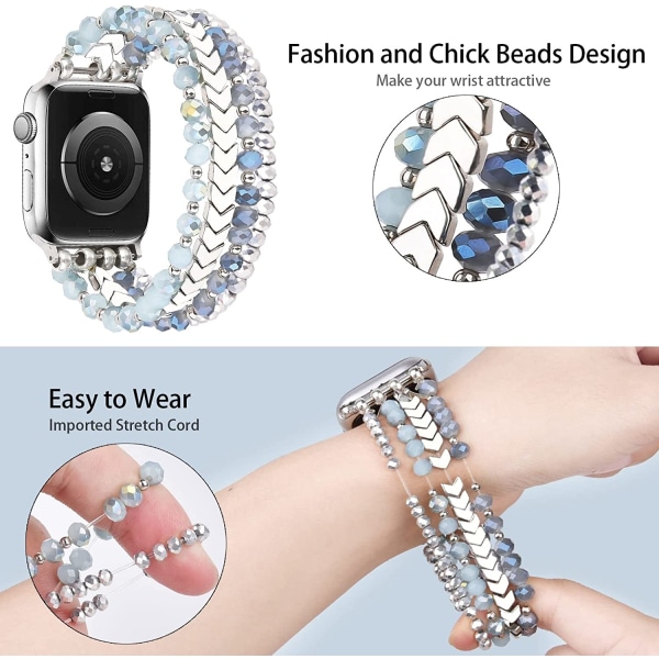 Pärlband Kompatibelt med Apple Watch Armband 38mm 40mm Blue/Silver Crystal 42mm/44mm/45mm-M/L