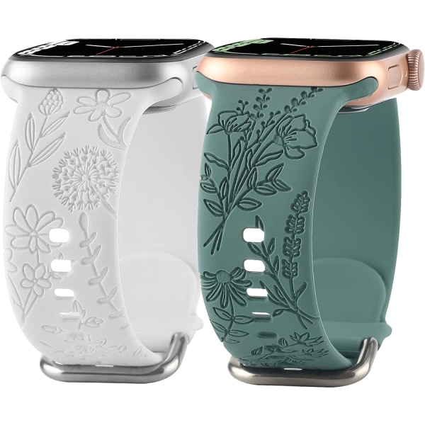 Blommig Graverad Silikonarmband Kompatibel med Apple Watch White Green 38/40/41mm