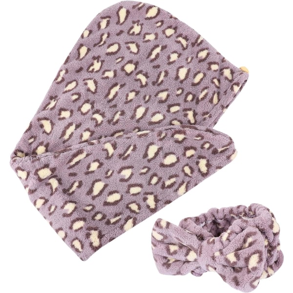 Leopardtorrhårhatt Set för kvinnor - Spapannband & kosmetisk hårinpackning (2 st)