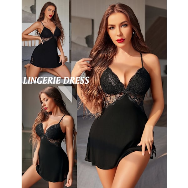 2025 Senaste Modell Damunderkläder Spets Chemise Nattlinne Babydoll Teddy Underkläder A-svart Medium