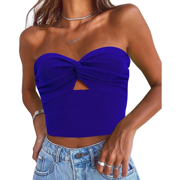 Womens Cut Out Twist Knot Front Tube Tops Bandeau Ribbed Darkblue M