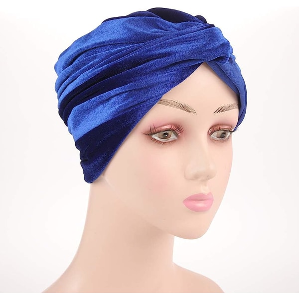 Kvinnors stretchiga sammetsvridna plisserade hårwrap turbanhatt Blue